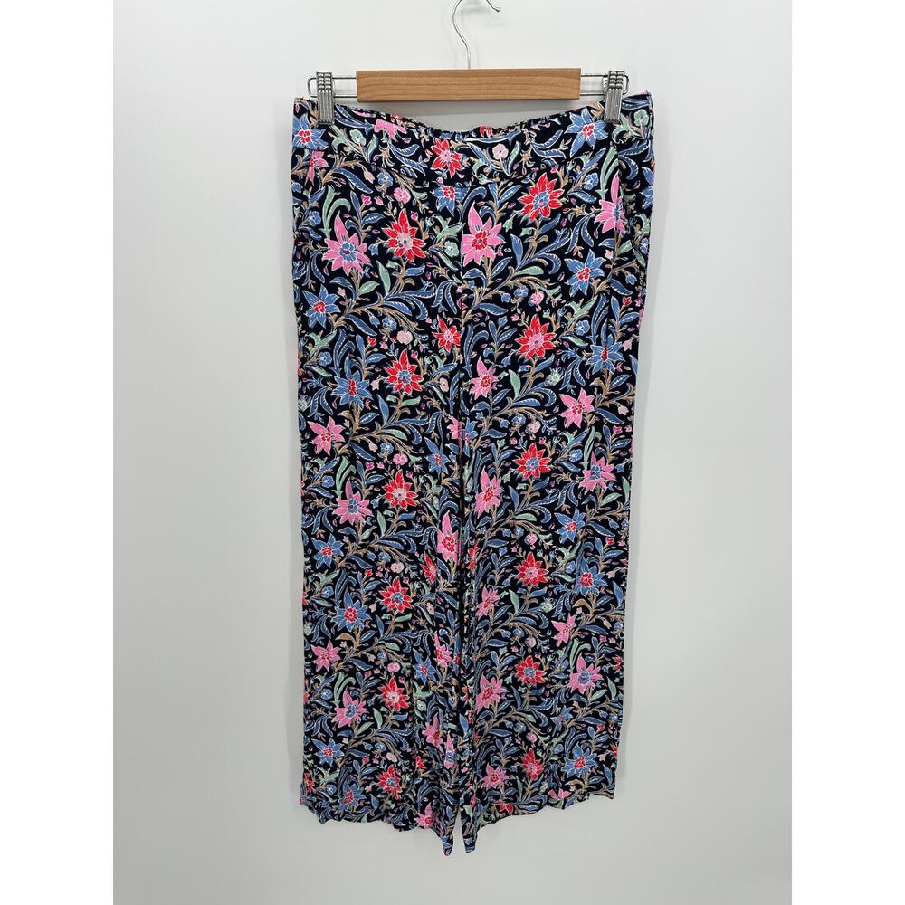 LOFT Blue Floral Wide Leg Cropped Pants‎ Womens Size S Pull On Stretch Career